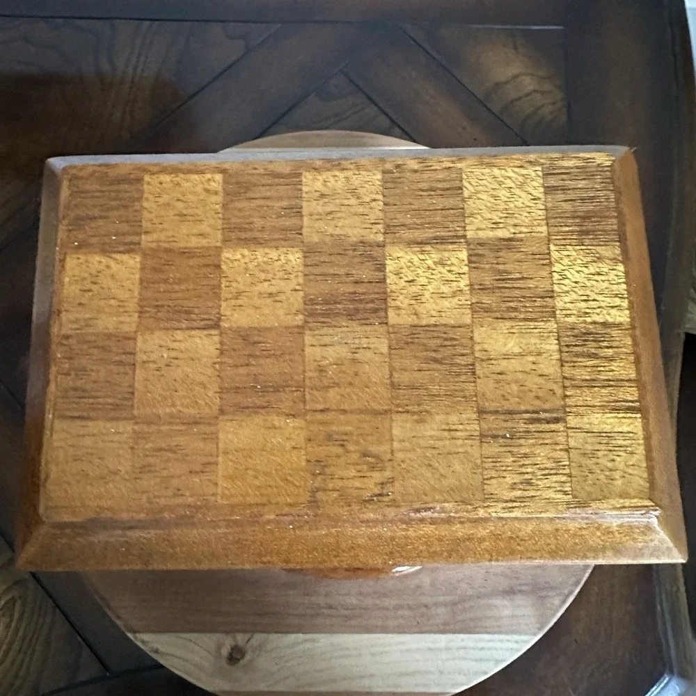 Vintage Wooden Jewelry Box 7x5x5 Inch Chest Checkered Inlay Drawers Green Lined